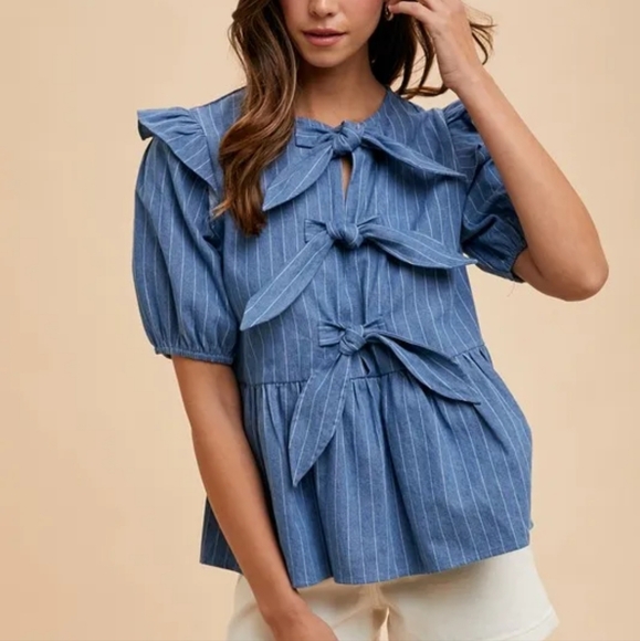 Tops - Stripe Front Bow Denim Peplum Blouse